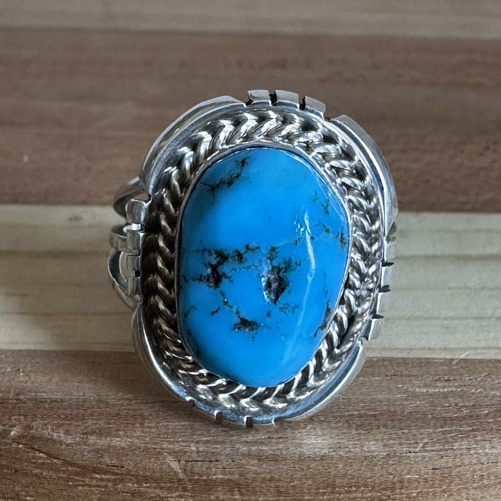 Vintage Running Bear RB Navajo Accent Ring Size 8 Turquoise 925 Sterling 6.4g